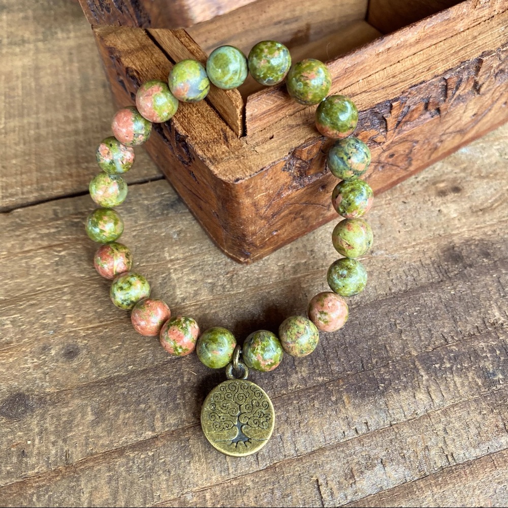 ✨UNAKITE STONE BEAD MALA BRACELET W/CHARM - Picture 2 of 7